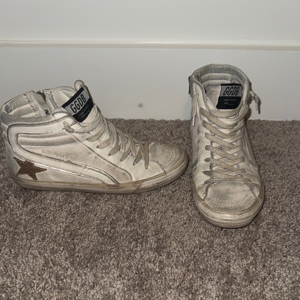 Golden Goose White High-Top Sneakers with Brown Star